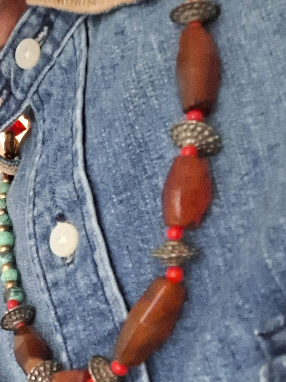 Vintage Ancient Amber Turquiose And Glass 1960s Beaded Necklace